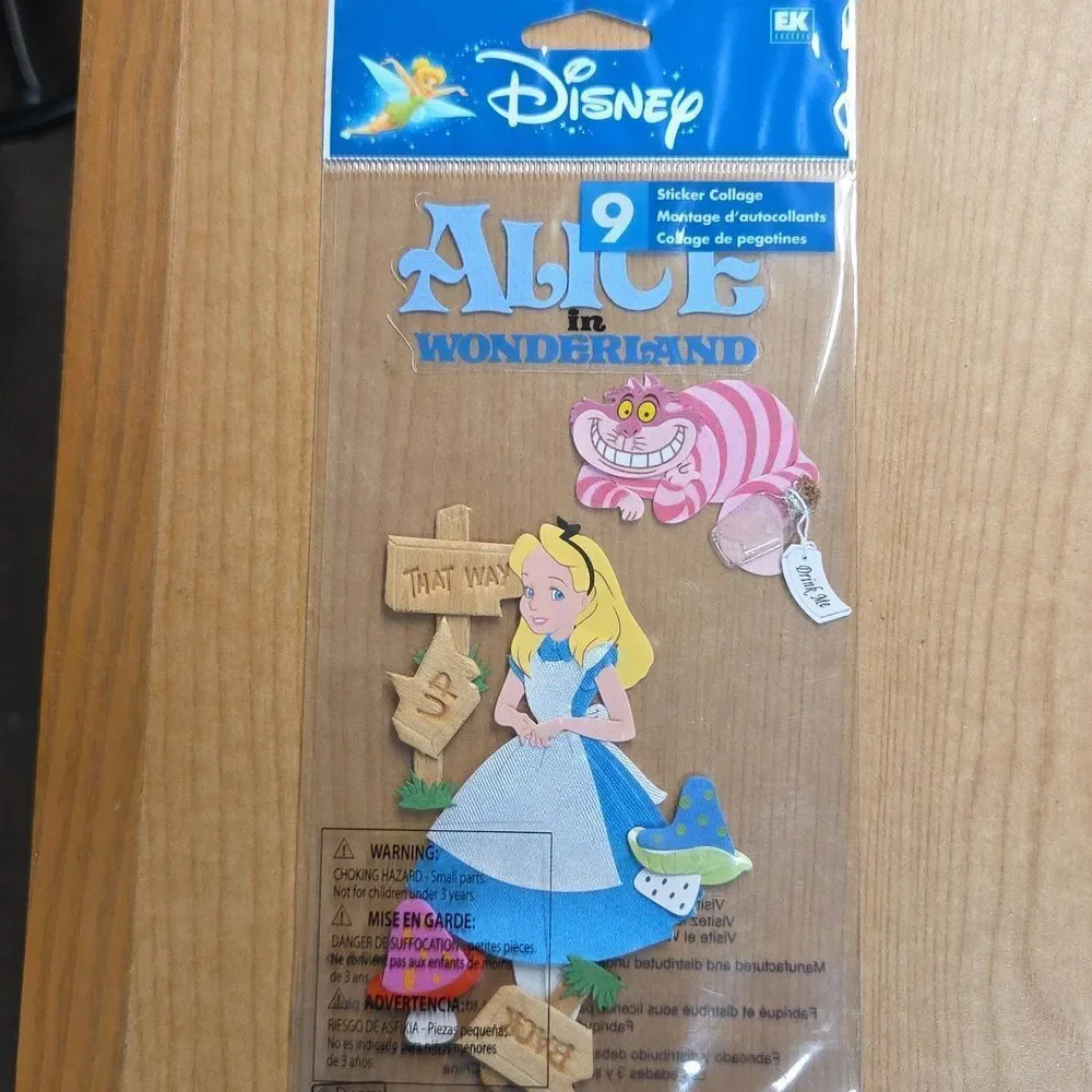 Alice in Wonderland 1 vhs 1 dvd movie, 1 book, Happy‎ Meal Toy, Stickers, Pin